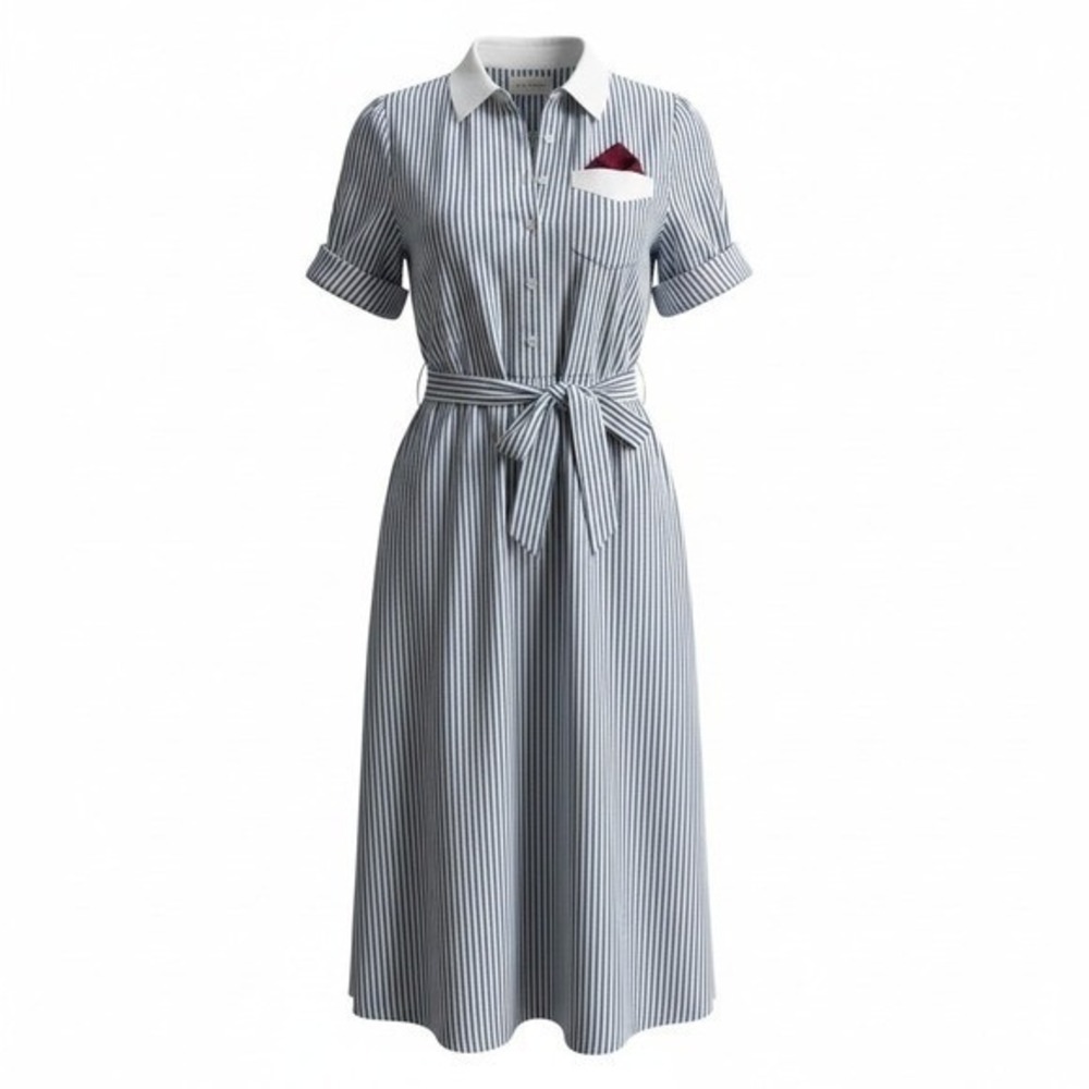 NWT Schrader Sport Shirt Dress 12P Blue‎ White Seersucker Striped Preppy Vintage
